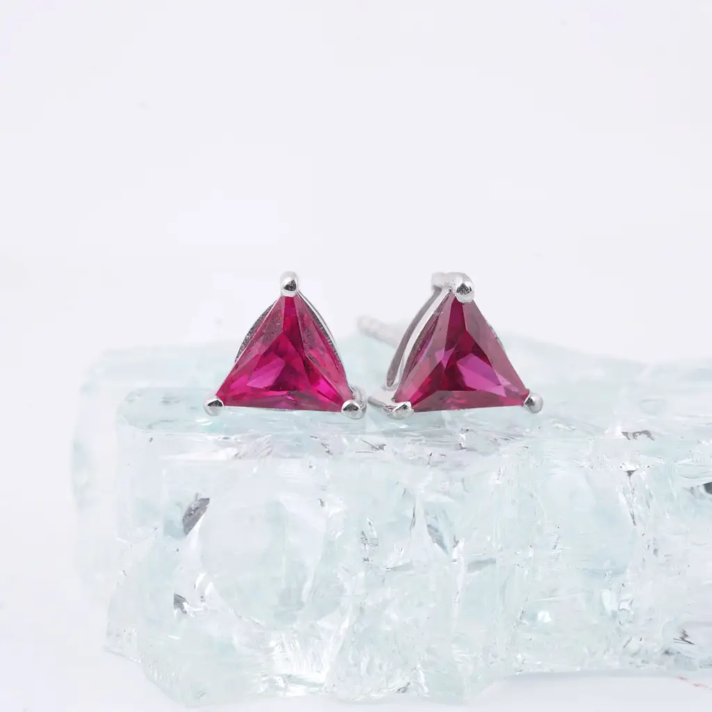 Silver Triangle Pink Ruby Stud Earrings : ZLSTD-1015