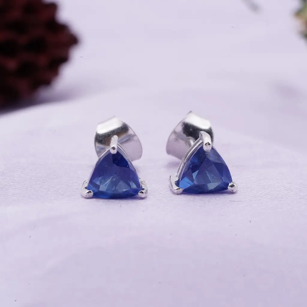 Silver Trillion-Cut Blue Sapphire Stud Earrings : ZLSTD-1016