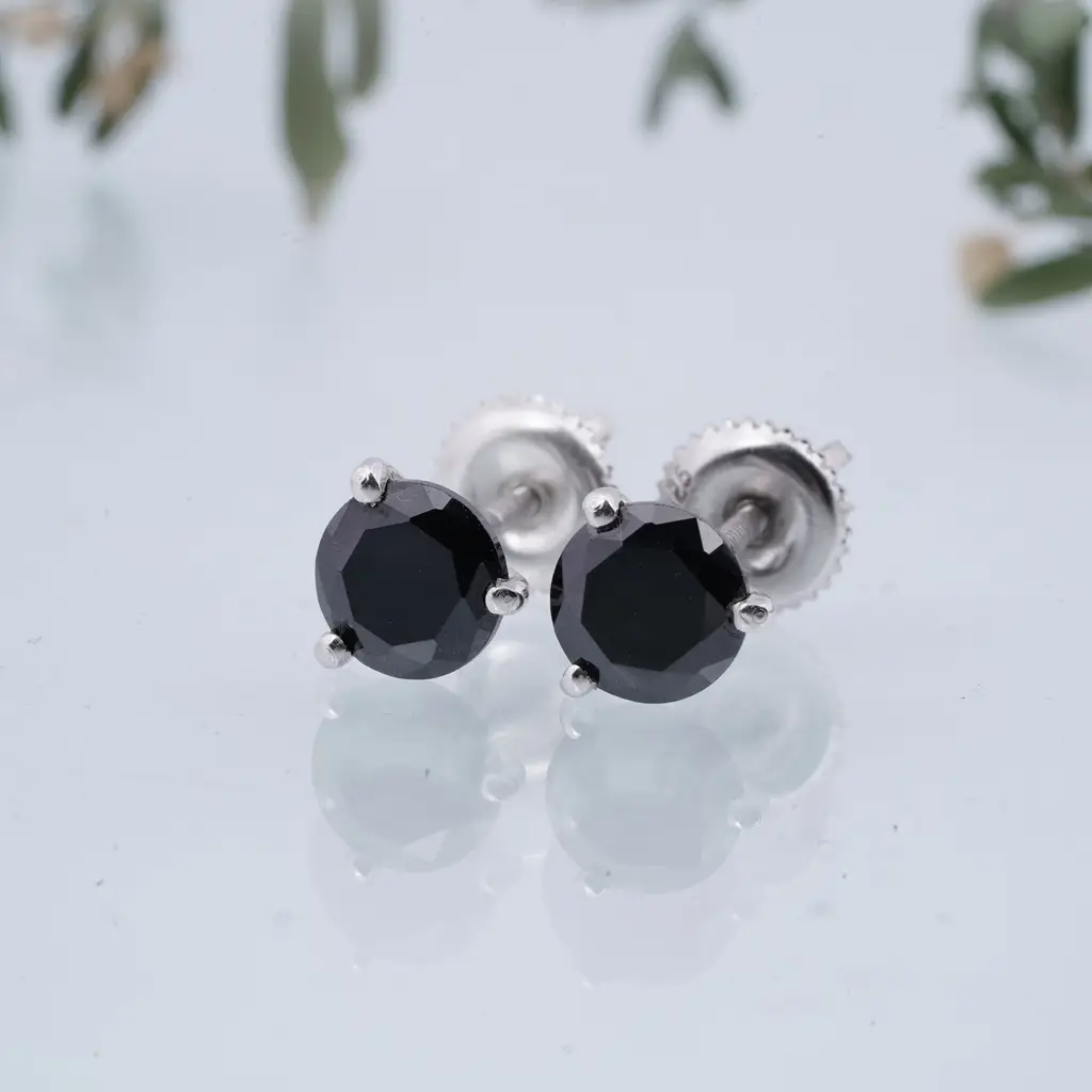 Silver Solitaire Black Diamond Stud Earrings : ZLSTD-1018