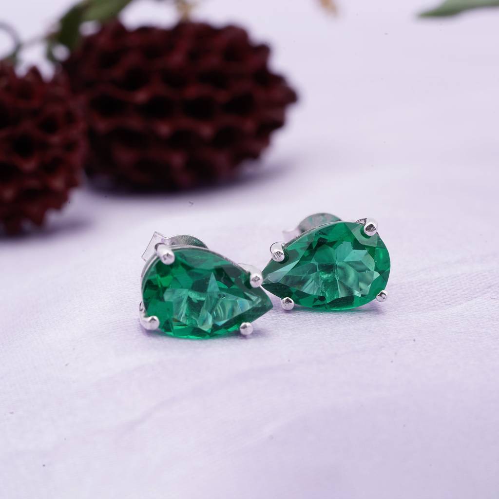 Silver Emerald Pear Shape Stud Earrings : ZLSTD-1020