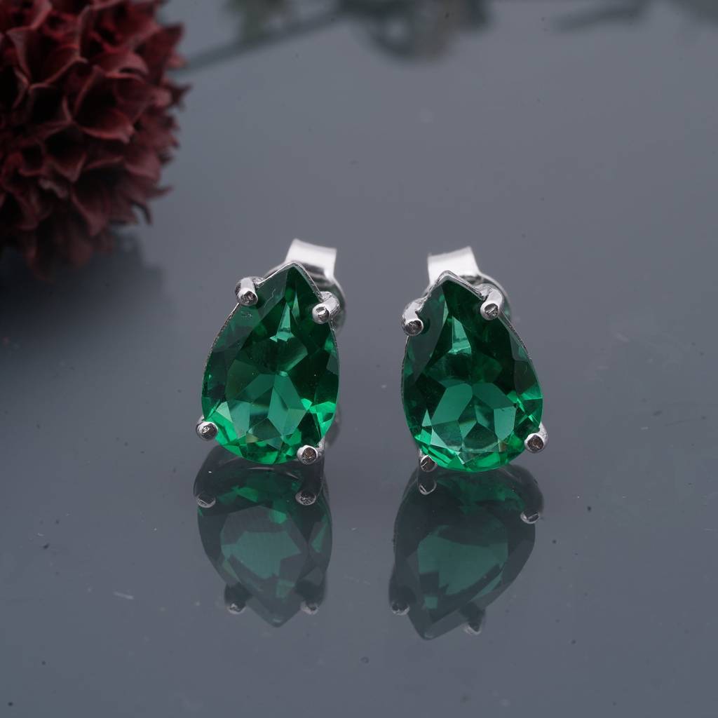 Silver Emerald Pear Shape Stud Earrings : ZLSTD-1020