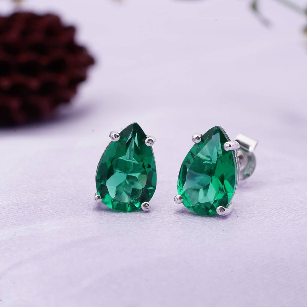 Silver Emerald Pear Shape Stud Earrings : ZLSTD-1020