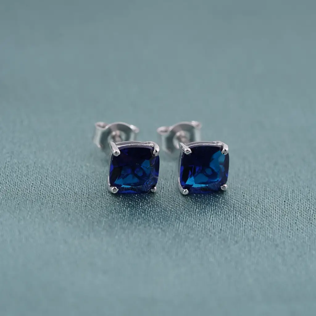 Silver Blue Sapphire Solitaire Stud Earrings