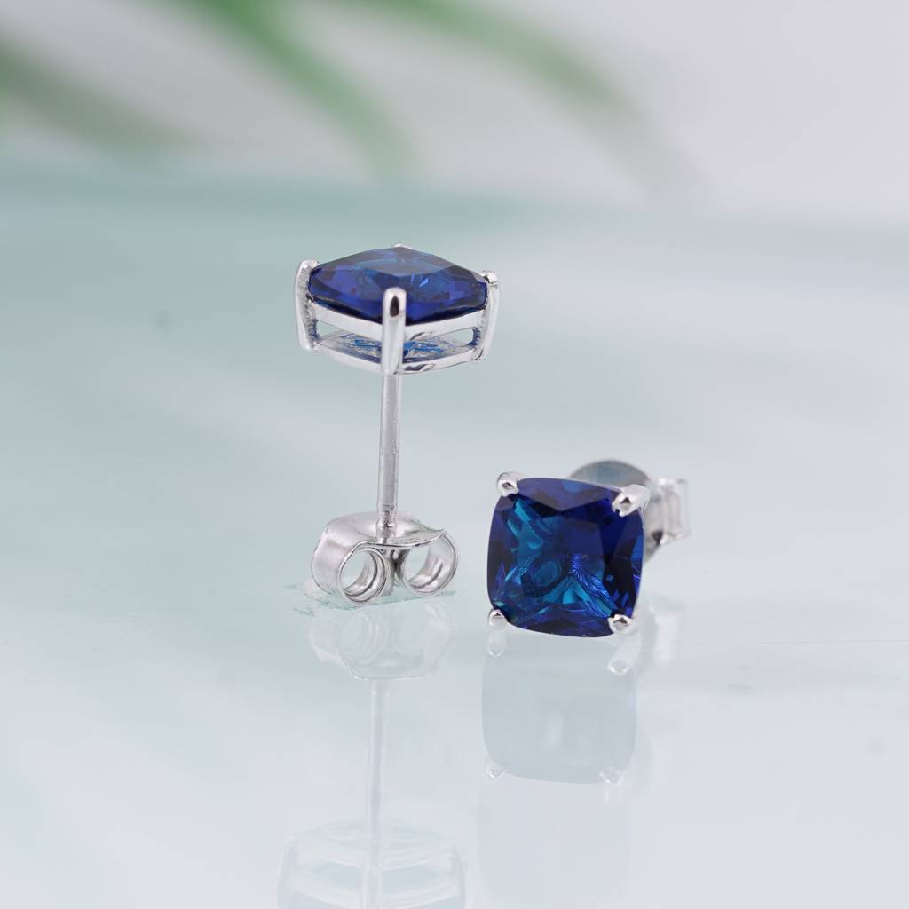 Silver Blue Sapphire Solitaire Stud Earrings : ZLSTD-1023