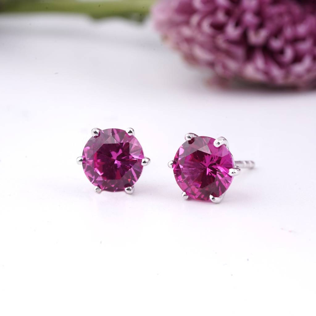 Sterling Silver Round Pink Ruby Solitaire Stud Earring : ZLSTD-1025