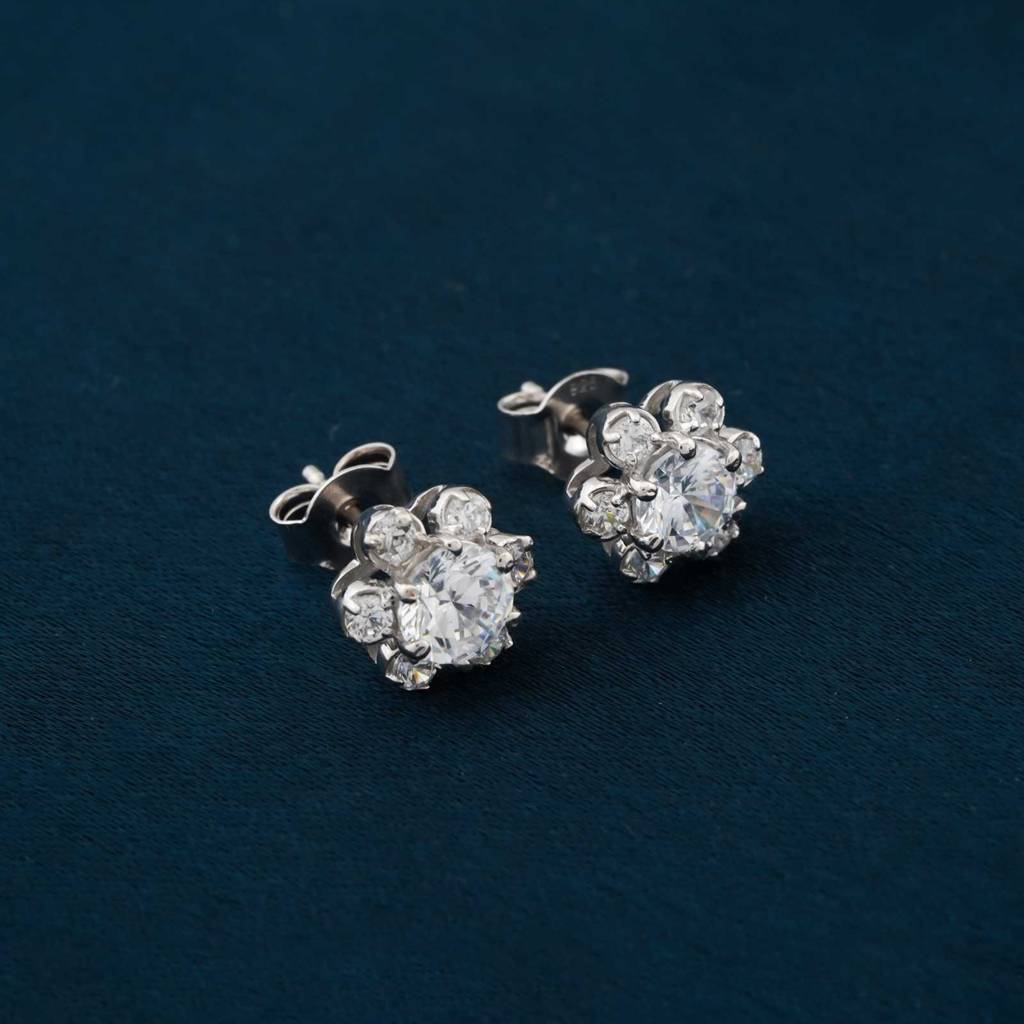 Silver Floral Zircon Stud Earrings : ZLSTD-1027