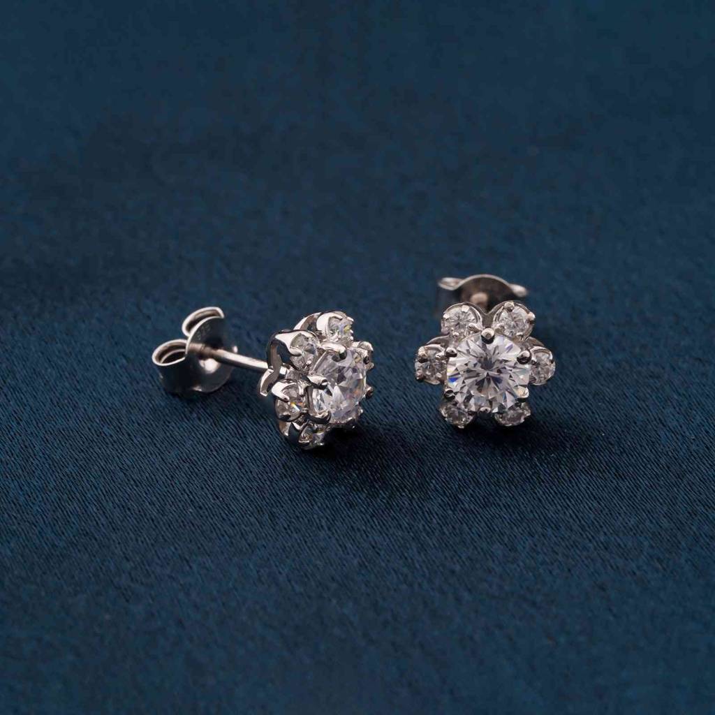Silver Floral Zircon Stud Earrings : ZLSTD-1027