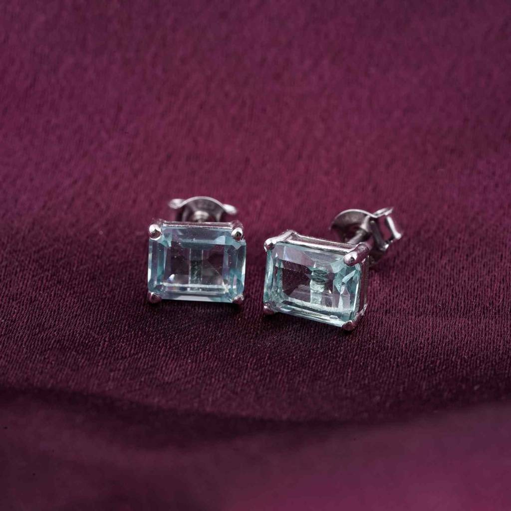 Silver Aqua Solitaire Stud Earrings : ZLSTD-1033