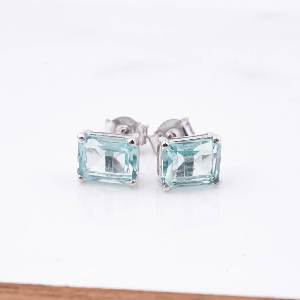 Silver Aqua Solitaire Stud Earrings : ZLSTD-1033