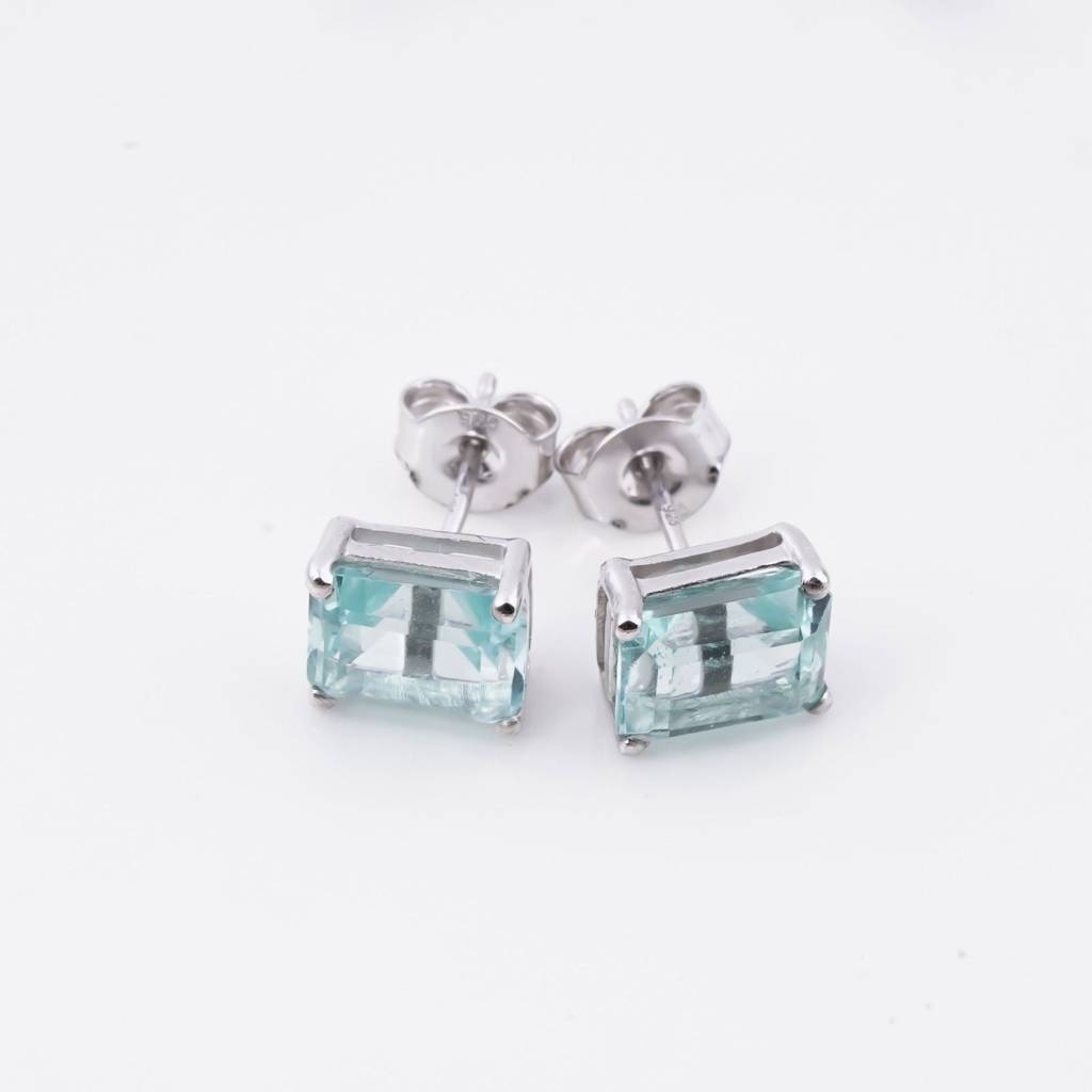 Silver Aqua Solitaire Stud Earrings : ZLSTD-1033