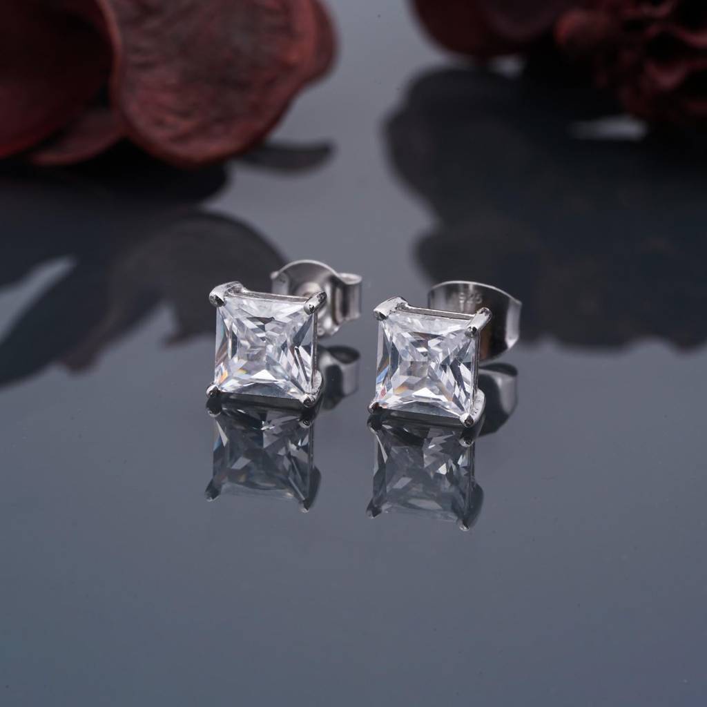Silver Asscher Minimalist Stud Earrings : ZLSTD-1043