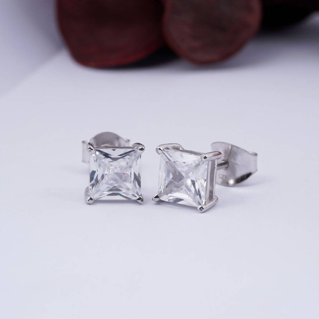Silver Asscher Minimalist Stud Earrings : ZLSTD-1043