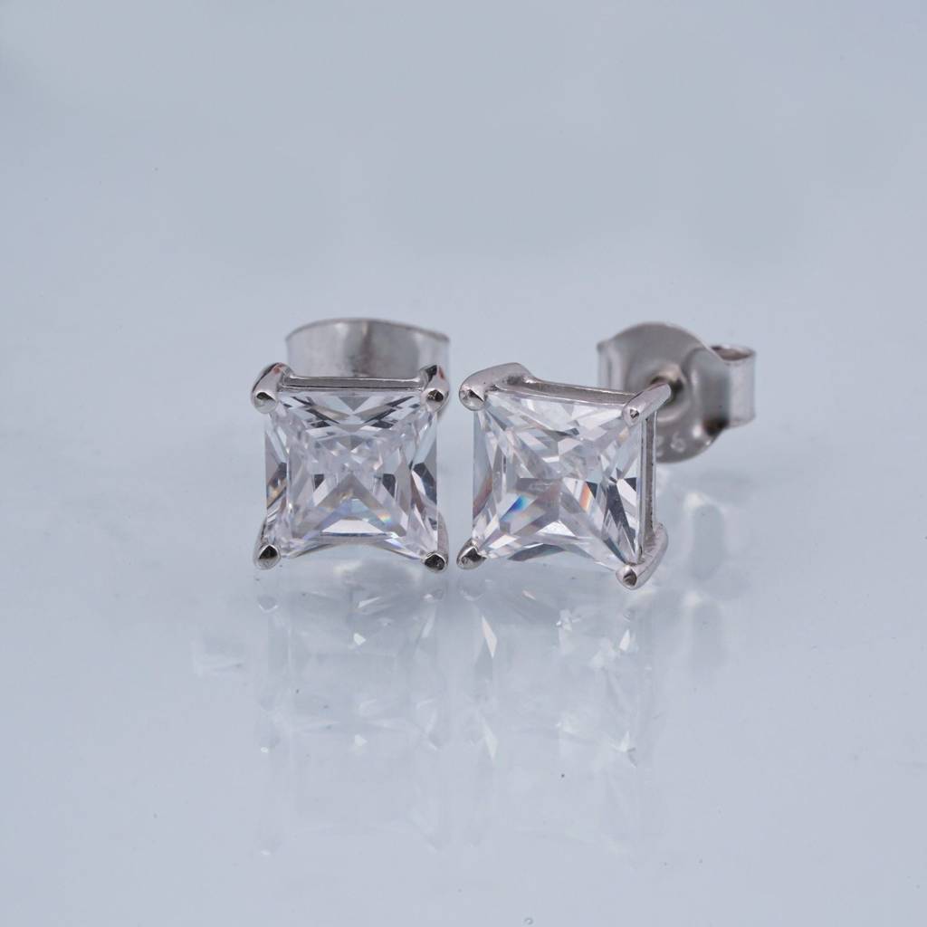 Silver Asscher Minimalist Stud Earrings : ZLSTD-1043