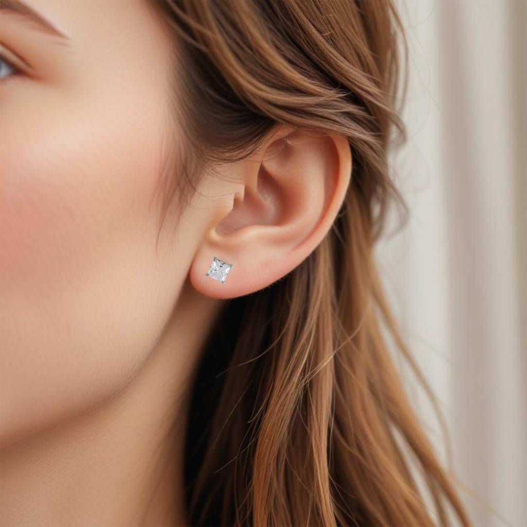 Silver Asscher Minimalist Stud Earrings : ZLSTD-1043