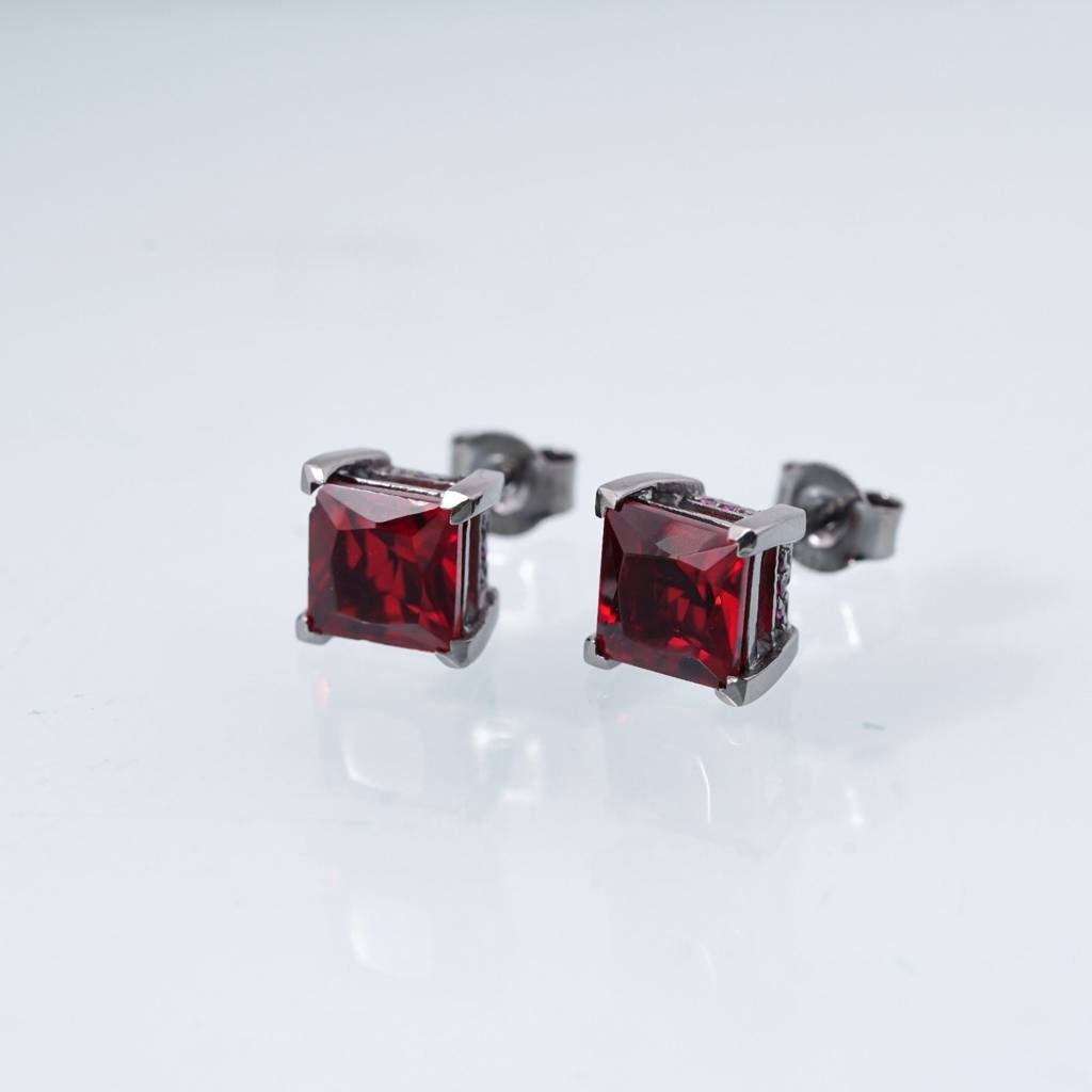 Silver Square Red Garnet Stud Earrings : ZLSTD-1051