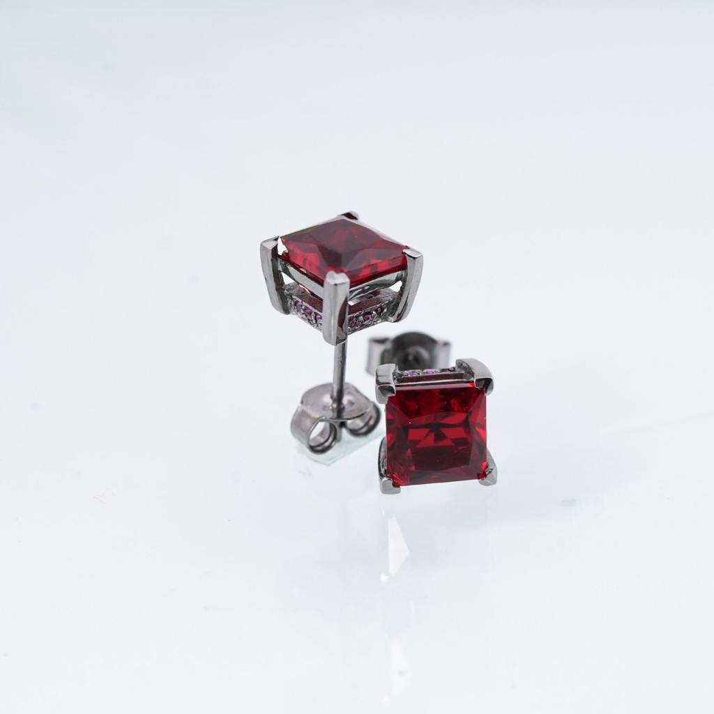 Silver Square Red Garnet Stud Earrings : ZLSTD-1051