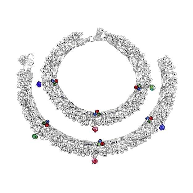 Elegant Rhodium Finish Heavy Payal Anklets With Stones For Women ...