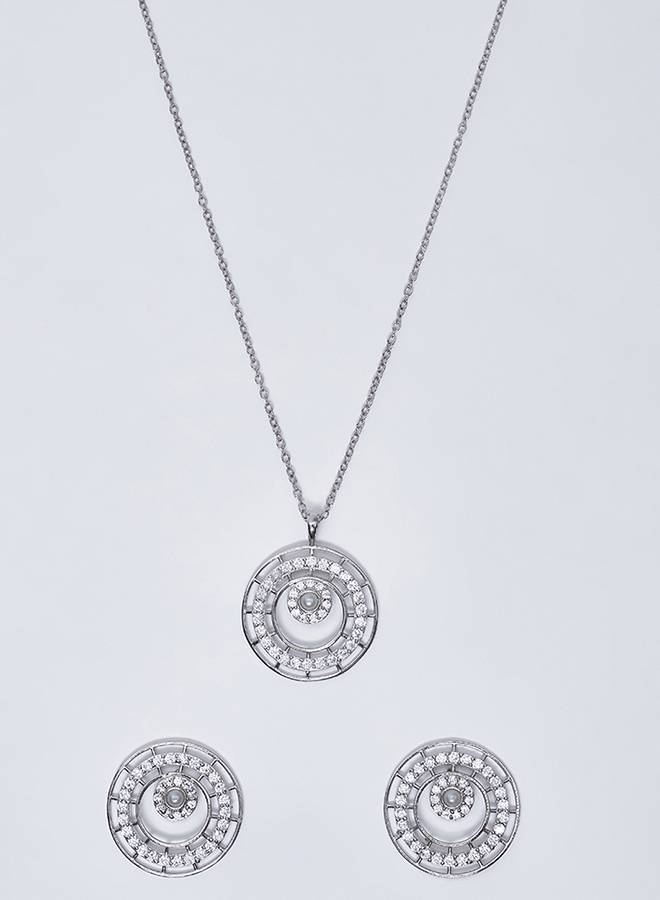 Round Cut Cz And White Pearls Brass White Rhodium Plated Pendant Set : 8905124451054