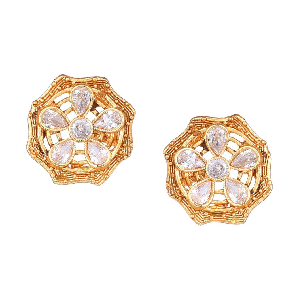 Estele Gold Plated Sparkling Flower Designer Matte Finish Stud Earrings With White Crystals For Women : AD-116716-IGWEER
