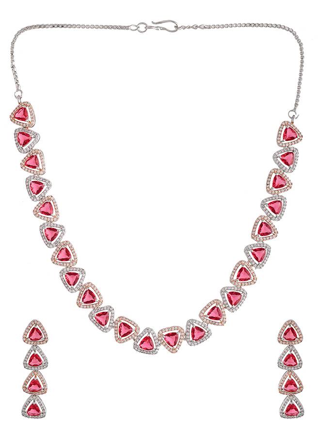 Sparkling Elegance Red And White Triangle Cut Cz Jewellery Set : 8905124499025
