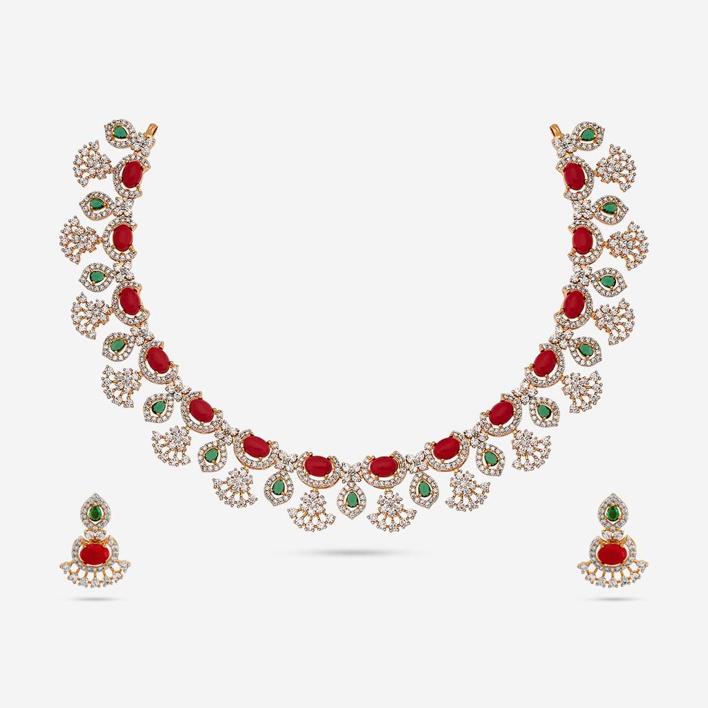Kushal'S Fashion Jewellery Green Gold-Plated Party Trendy Zircon Necklace And Earring Set  -184657 : 440886