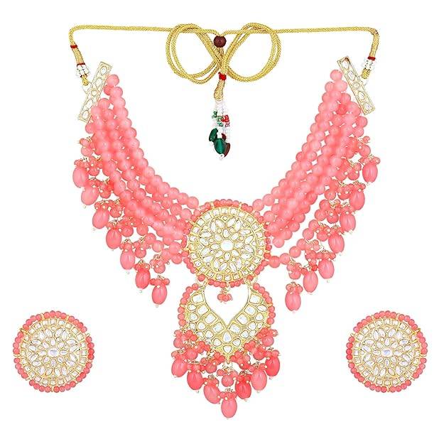 Estele Gold Plated Enchanting Gehena Necklace Set With Mint Pink Beads For Women : PJ-048-IGMPNKER