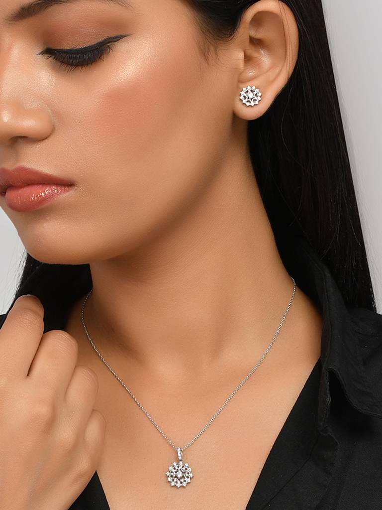 Mother'S Day Collection Sterling Silver Round Cut Zircons Cocktail Pendant Set : 8905124504095