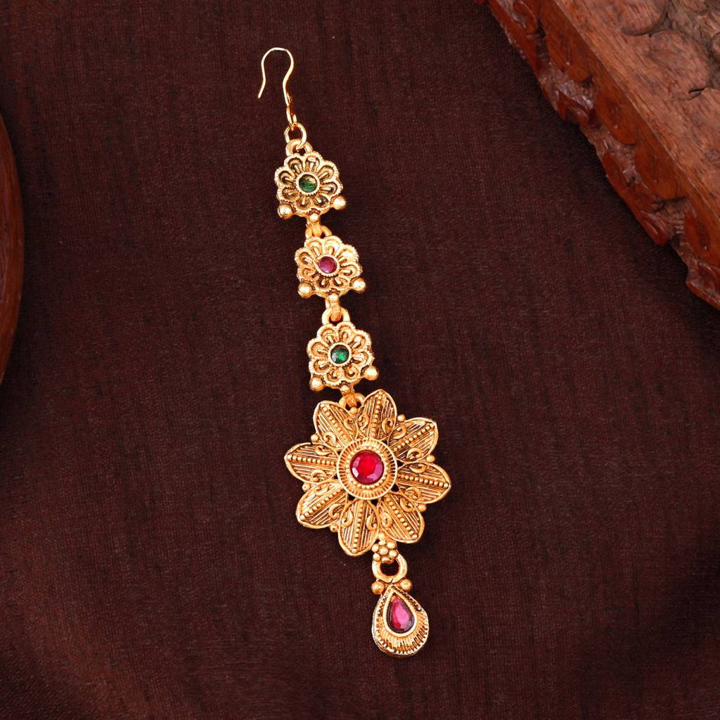 Estele Gold Plated Gorgeous Floral Matte Finish Maang Tikka With Multi-Color Crystals For Women : 036-IGGNRBTIKAA