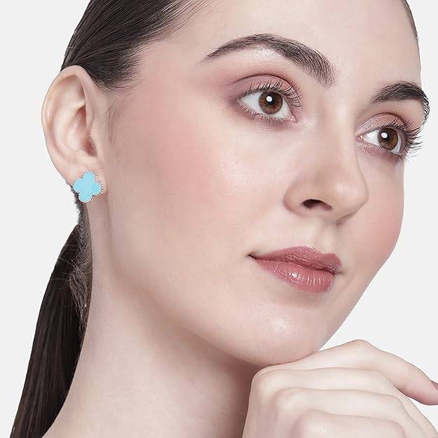 Estele Rosegold Plated Four Leaf Clover Designer Stud Earrings With Blue Enamel For Women And Girls : 10202-RGBL-ERER