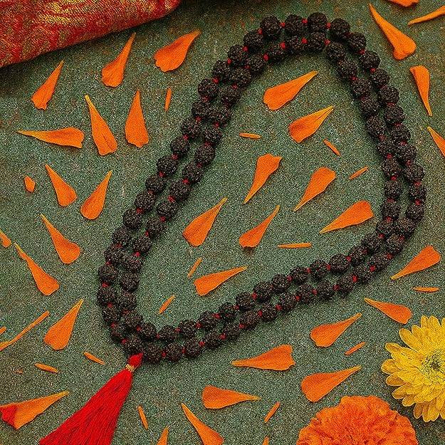 Traditional Rudraksha Mala With Red Tassel For Meditation, Puja & Spiritual Wear : OSAK016-BKCHAIN