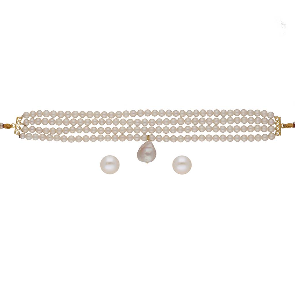 Sri Jagdamba Pearls Iha 4 Lines Round Pearl Choker Set : JPDEC-23-004
