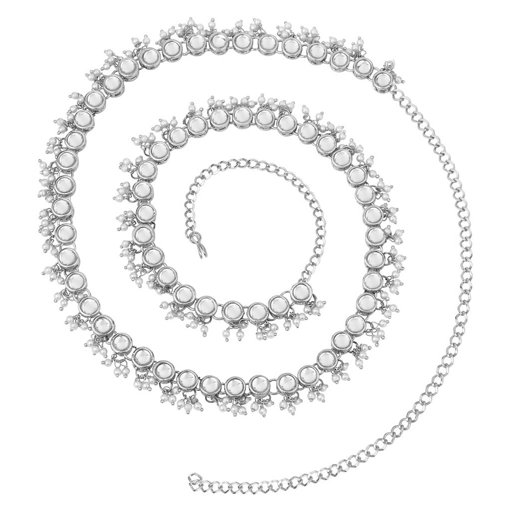 Traditional Jewellery Plated White Kundan Baby Pearl Waist Belt Kamar Bandh Belly Chain Gift For Women Girls-Pf : PF25BCH002RW