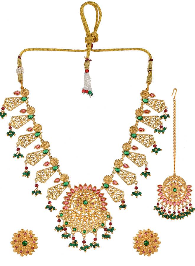 Abharan Red And Green Stones And Pearls Opulent Jewellery Set : 8905124494495