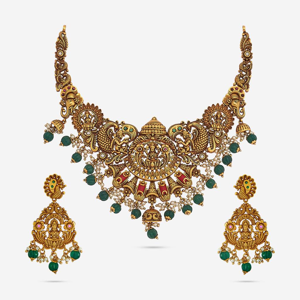 Kushal'S Fashion Jewellery Ruby-Green Gold-Plated Ethnic Antique Necklace And Earring Set  -185188 : 449303
