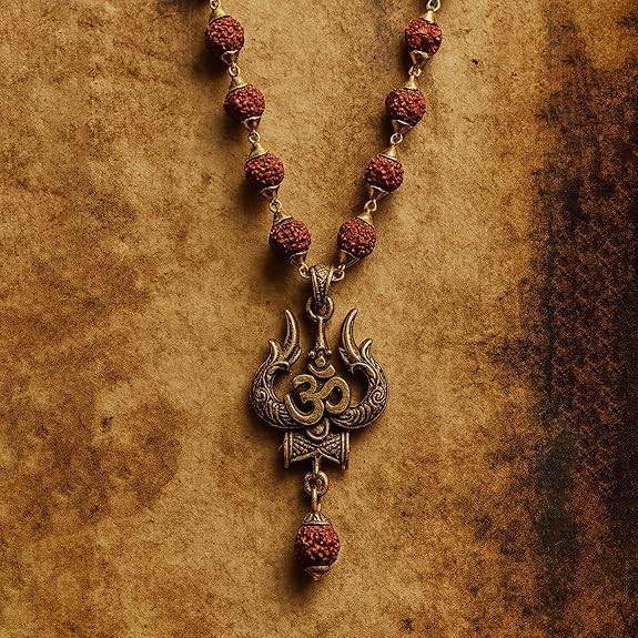 Om Trishul Rudraksha Pendant Necklace Gold-Tone Religious Jewelry For Prayer & Gifting : OSAK054-IGBRNPENDANT