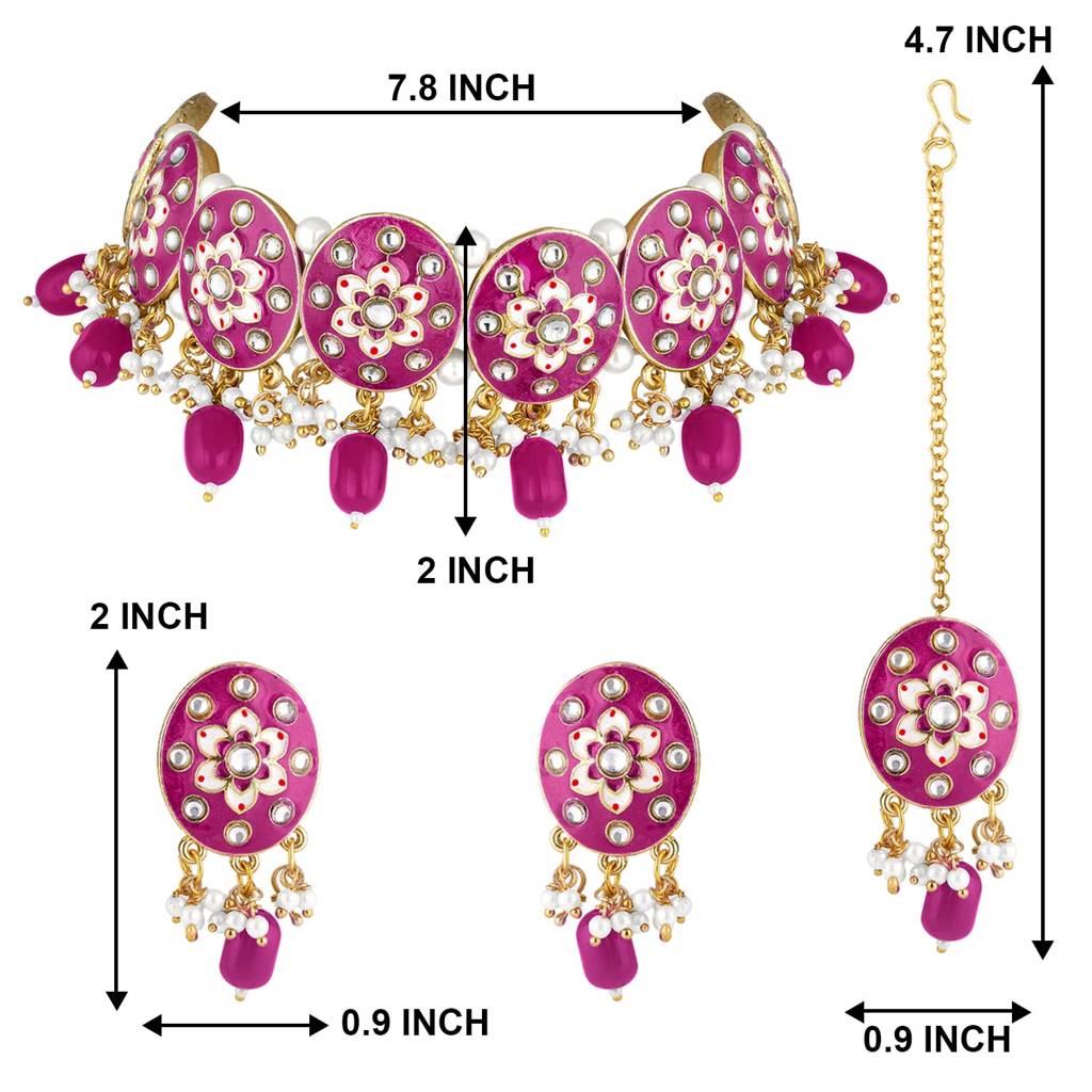 Gold Plated Rani Pink Meenakari Enamel Choker Necklace With Earring Maang Tikka Fashion Jewellery Set For Women G : PF27N666RP