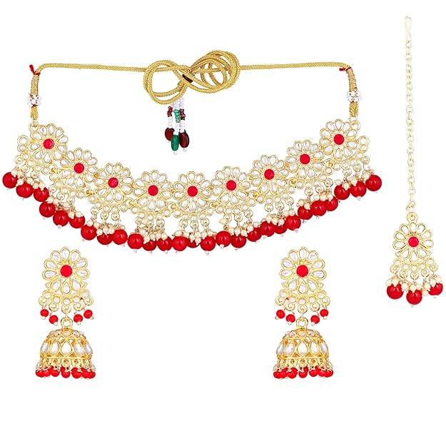 Estele Gold Plated Marvelous Gehena Necklace Set & Maang Tikka With Ruby Beads For Women : PJ-040-IGRBNKERTK