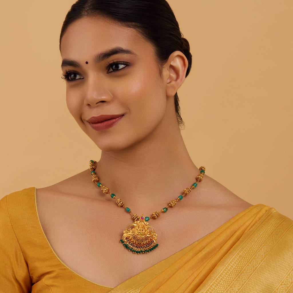 Kushal'S Fashion Jewellery Ruby-Green Gold-Plated Ethnic 92.5 Pure Silver Temple Pendants-177654 : 425888