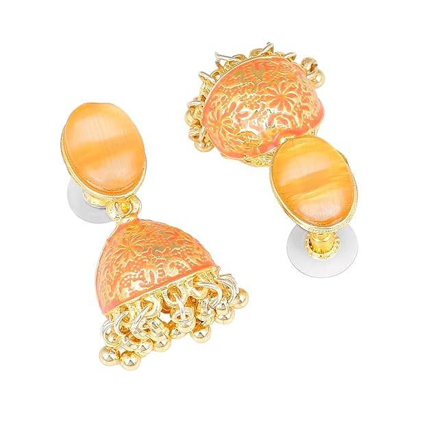 Estele Gold Plated Traditional Gehena Jhumka Earrings With Peach Enamel For Women : PJ-002-IGPHER