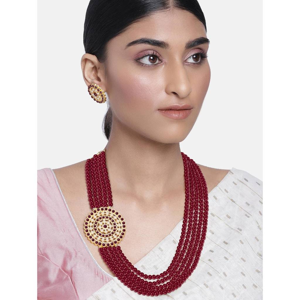 Gold Plated Kundan & Maroon Pearl Studded 5 Layer Long Jewellery Set For Women : PF25N13M