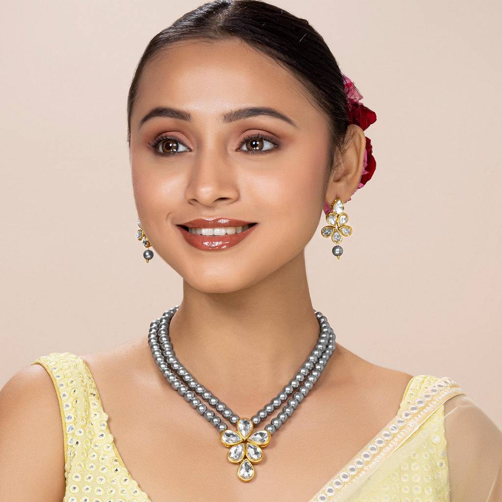 Crystal Faux Pearl Long Necklace With Drop Earrings Traditional Ethnic Jewellery Set For Women Girls-Pf24N184 : PF24N184DGRY