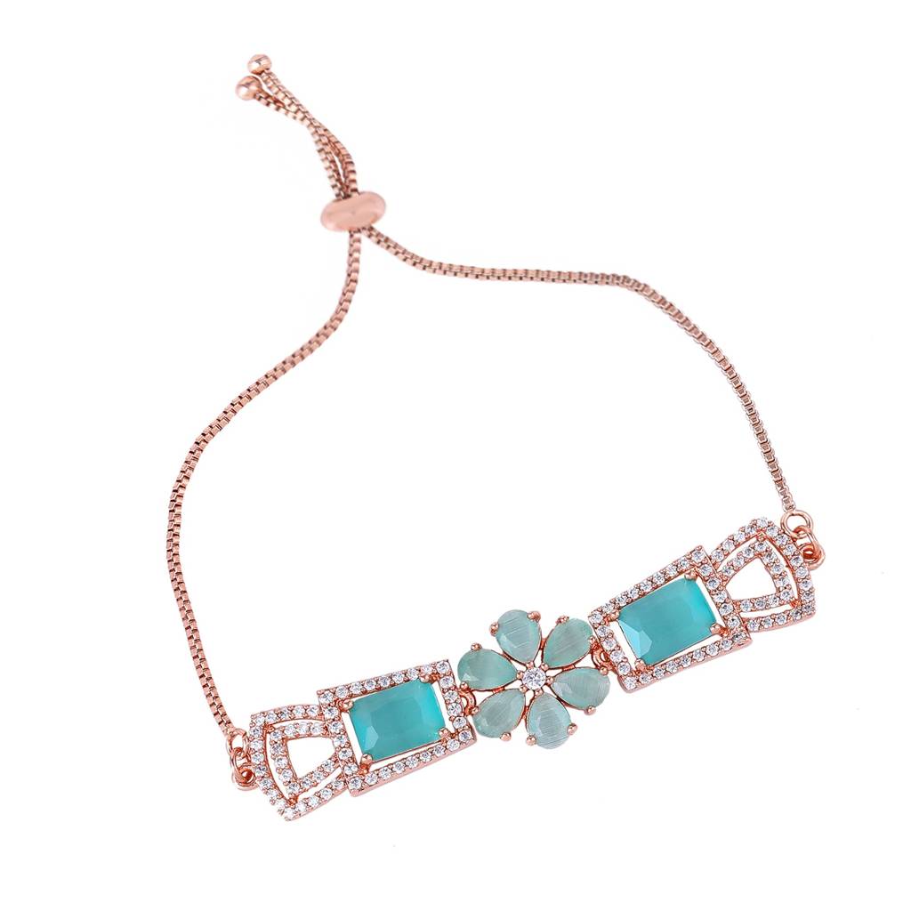 Estele Rosegold Plated Stylish Floral Designer Adjustable Charm Bracelet With Shiny Mint Green American Diamon : AD-068-RGMGBR