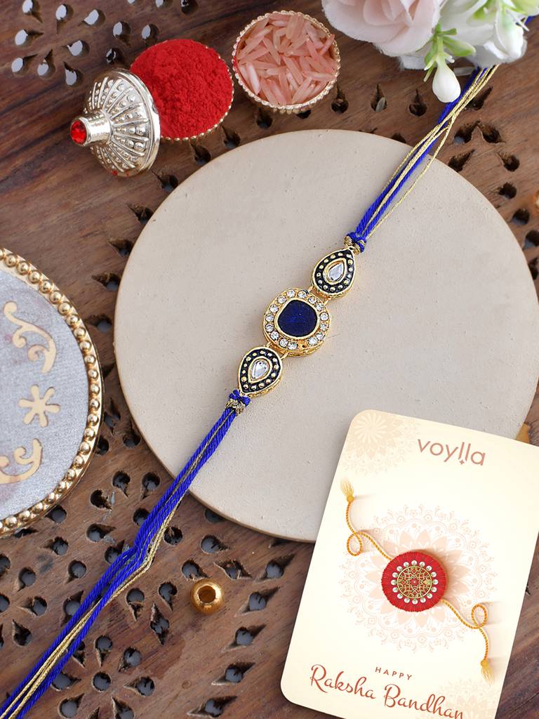 Faux Kundan Gems Blue And Gold Thread Rakhi For Brother : 8905124525205