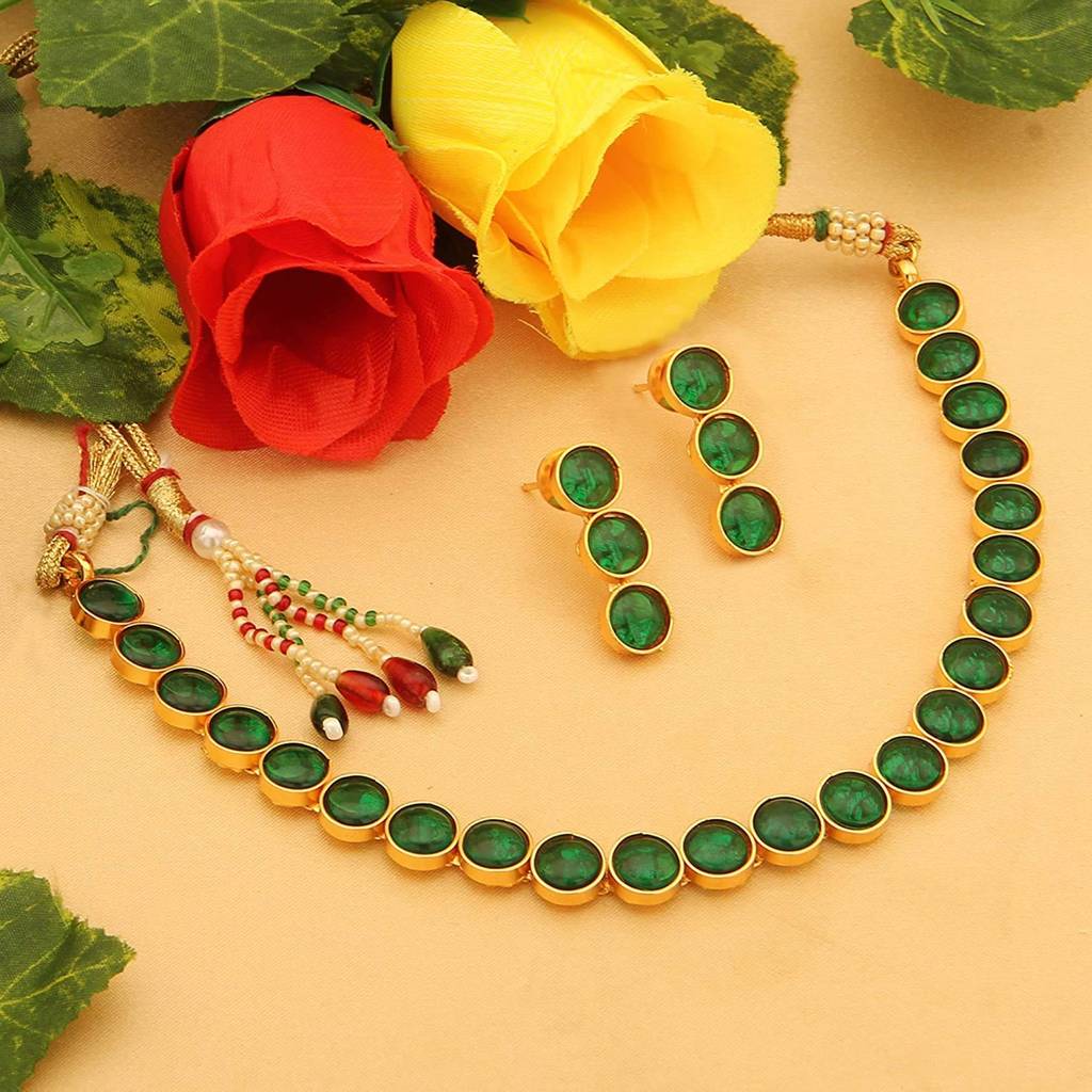 Gold Plated Choker Necklace With Drop Earrings Traditional Jewellery Set For Women Girls-Pf04N3392 : PF04N3392G