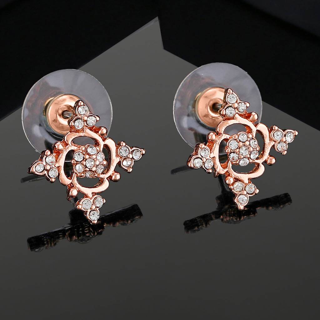 Estele Rosegold Plated Flower Designer Stud Earrings With Austrian Crystals For Women : 602709-RGER