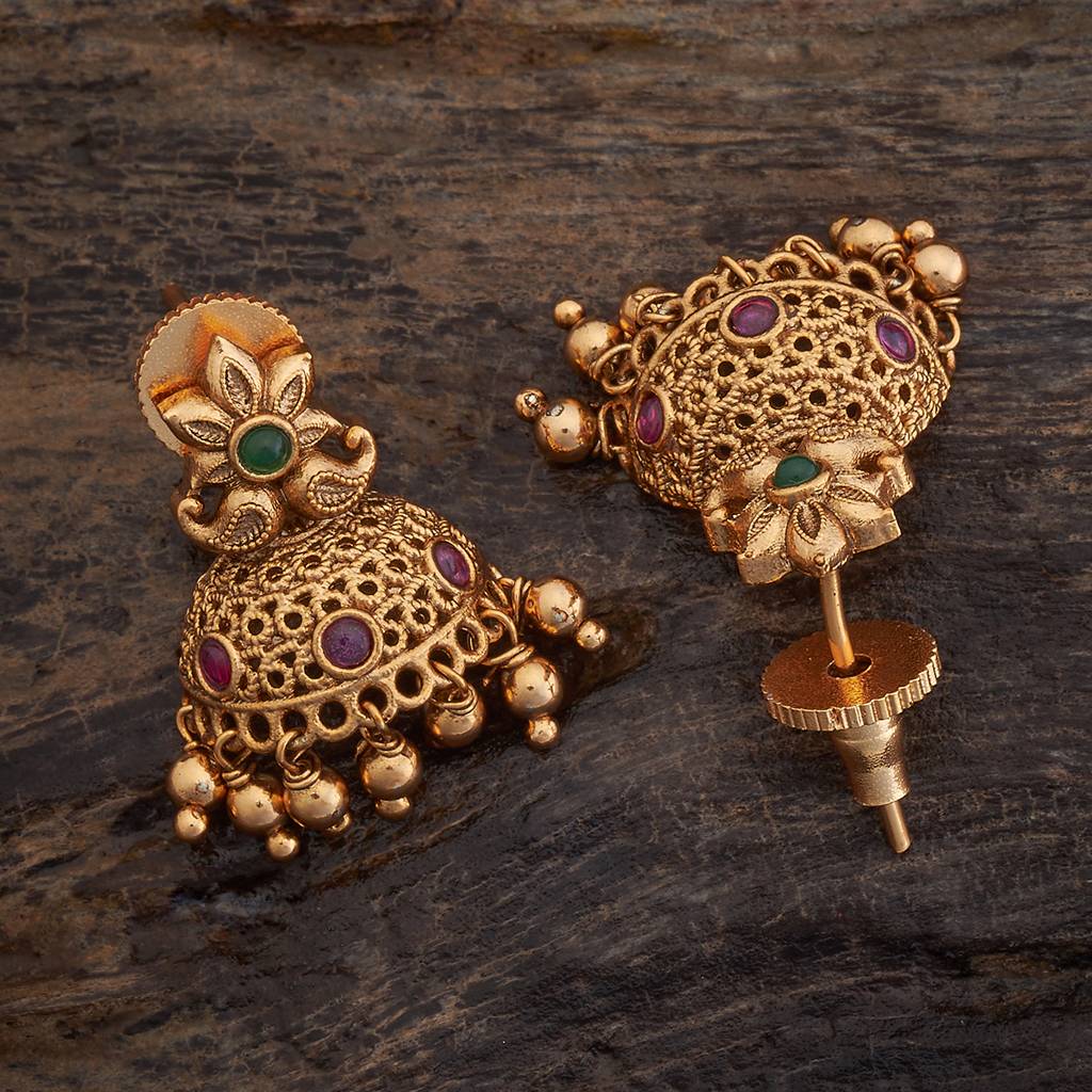 Ruby-Green Gold-Plated Ethnic Antique Studs-422489 : 422489