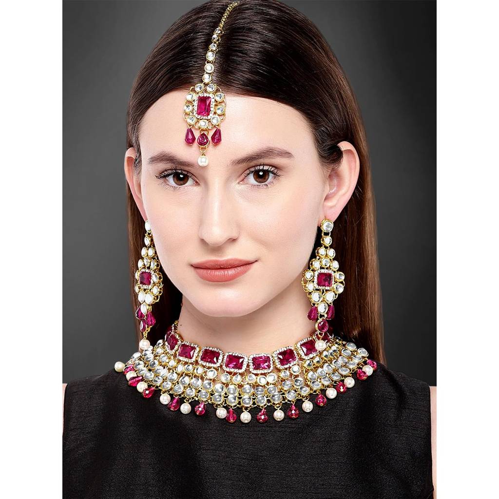 Crystal Choker Necklace With Maang Tikka Earrings Indian Traditional Bridal Wedding Jewellery Set For Women Girls : PF25N708RP