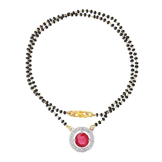 Gold & Rhodium Plated Chic & Classy Circular Pendant Mangalsutra Chain With Black Beads & Ruby Crystal Fo : OSAKMS013-2TNRBNK