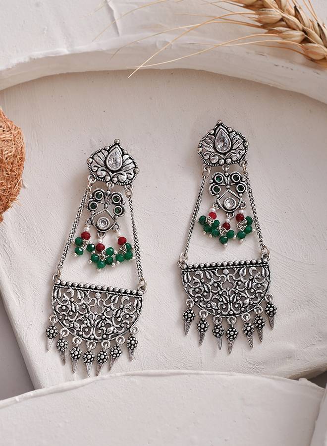Abharan Oxidised Silver Plated Lightly Embellished Earrings : 8905124493276