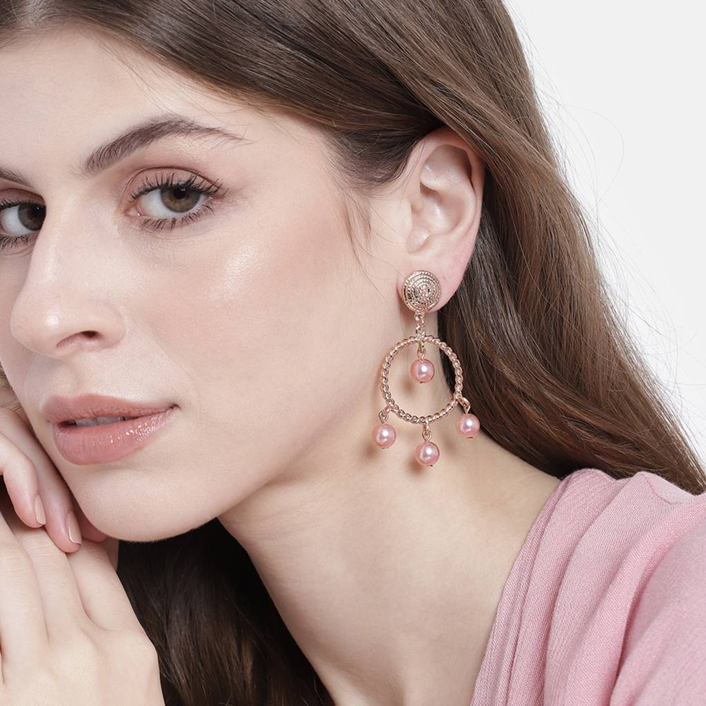 Estele Rosegold Plated Princess Earrings With Purple Pearl Drops For Women : 698704-IGER